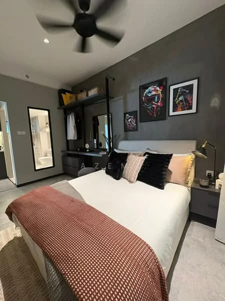 Bedroom features: queen-size bed with upholstered headboard, black and white decorative pillows, plaid throw blanket, wall-mounted shelf, framed artwork on walls, ceiling fan, grey accent wall, carpet flooring, nightstand with lamp, built-in wardrobe, full-length mirror, open closet space; style: modern.
