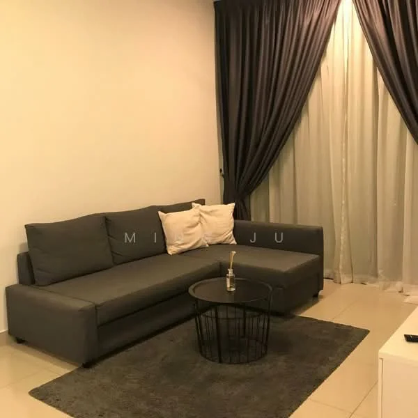 Living features: L-shape sectional sofa in grey, decorative cushions, round coffee table with black metal base, area rug with solid pattern, floor-to-ceiling curtains in dark grey, sheer white curtains, white painted walls, tile flooring, recessed downlights; style: modern.