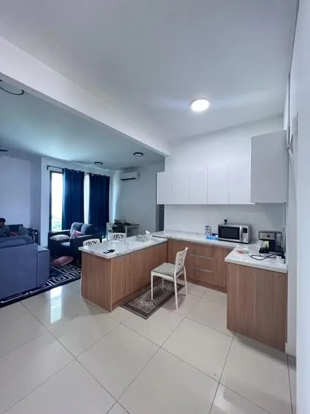 Kitchen features: white cabinetry, marble countertop, stainless-steel sink, chrome pull-down faucet, built-in microwave, freestanding range oven, refrigerator, tile flooring, recessed downlights; style: modern. Living features: 3-seater fabric sofa in grey, area rug, coffee table, floor-to-ceiling windows, curtains, wall-mounted TV, air conditioning unit; style: modern; view: city.