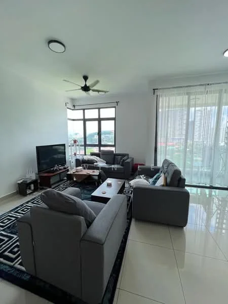 Living features: 3-seater fabric sofa in grey, 2-seater fabric sofa in grey, coffee table, TV console, wall-mounted TV, area rug with geometric pattern, 5-blade ceiling fan with light, floor-to-ceiling windows, sheer curtains, tiles flooring, decorative wall art, plant in ceramic pot; style: modern; view: city.