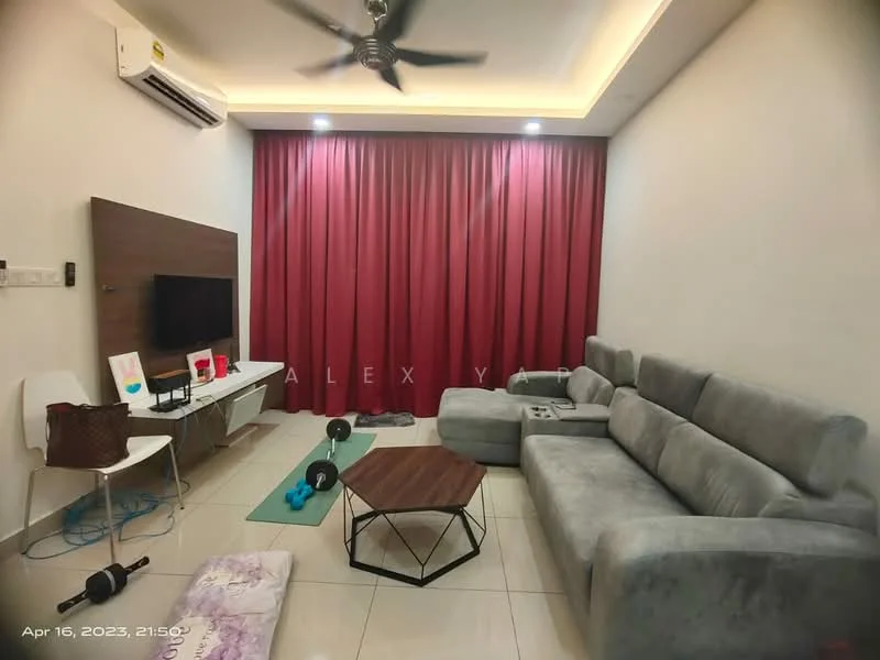 Living features: grey fabric L-shape sectional sofa, coffee table, wall-mounted TV, white side table, decorative wall art, red curtains, recessed ceiling lights, 5-blade ceiling fan, tile flooring, exercise mat, dumbbells; style: modern.