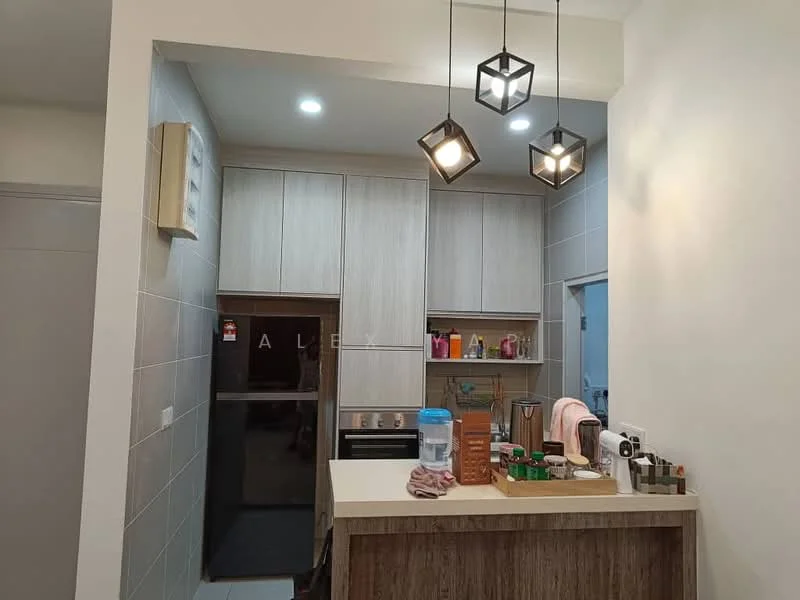 Kitchen features: light wood cabinetry, grey tiled walls, white walls, stainless-steel fridge, built-in oven, 4-burner gas hob, black countertop, pendant lighting, kitchen island, sink, kettle, toaster, blender, decorative items on countertop; style: modern.