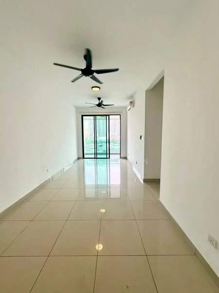 Living features: white painted walls, glossy ceramic tile flooring, 2 ceiling fans, recessed downlights, floor-to-ceiling sliding glass door, view of balcony, air conditioning unit, open layout; style: modern; view: garden.