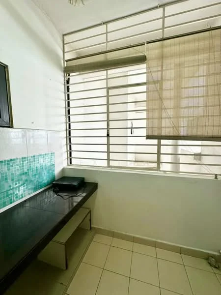 Room features: white painted walls, green mosaic tile backsplash, black countertop, built-in shelf, window with metal grilles, blinds on window, ceramic tile flooring.