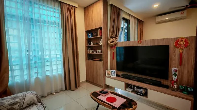 Living features: floor-to-ceiling windows, sheer curtains, wood paneling on walls, light-colored walls, recessed downlights, wall-mounted TV, wooden TV console, decorative wall shelf, coffee table, upholstered sofa, air conditioning unit, decorative items on shelf, framed photo on console; style: modern; view: city.