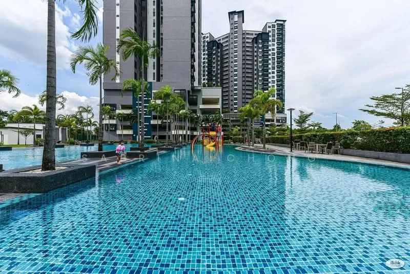 Exterior type: high-rise condominium; features: infinity pool, pool deck with loungers, tropical landscaping, palm trees, glass curtain wall facade, surrounded by greenery; style: modern.