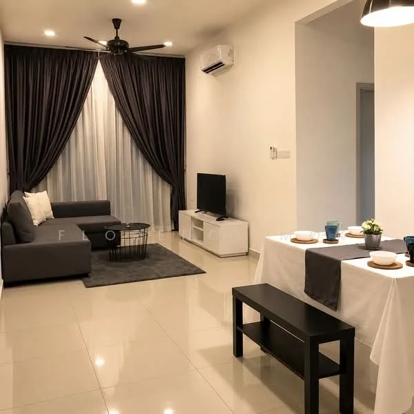 Living features: 3-seater fabric sofa in grey, area rug in grey, wall-mounted TV, black coffee table, dining table with white tablecloth, blue dining plates, black dining utensils, white curtains, dark grey drapes, wall-mounted split AC, recessed downlights, ceiling fan with light; style: modern.