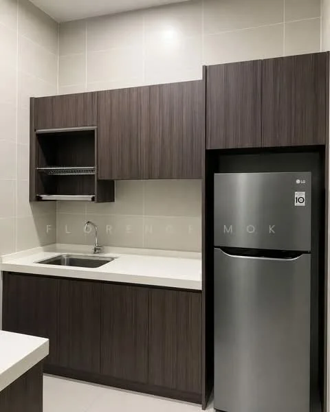 Kitchen features: dark wood cabinetry, white countertop, single-bowl stainless-steel sink, chrome faucet, built-in shelving, stainless-steel fridge, tile backsplash, grey tiled walls, under-cabinet lighting; style: modern.