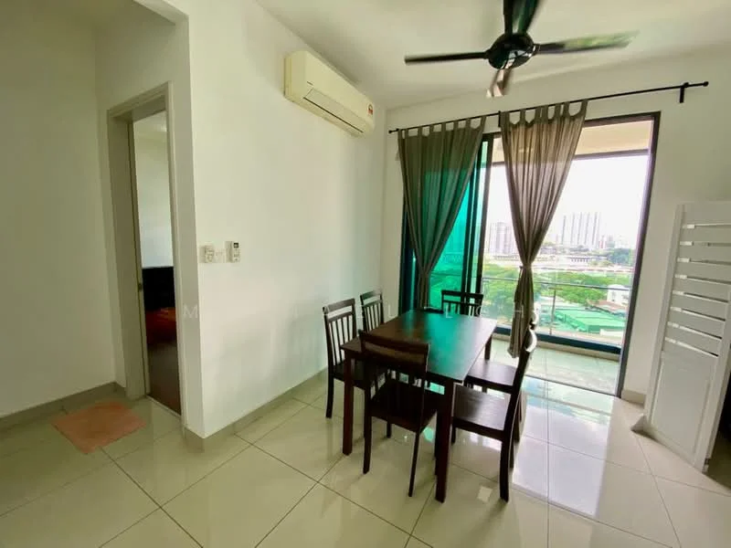 Dining features: dining table with four chairs, floor-to-ceiling windows, green sheer curtains, white walls, cream tiled flooring, ceiling fan, wall-mounted split AC, view of city skyline; style: modern; view: city. Room features: door leading to another room.