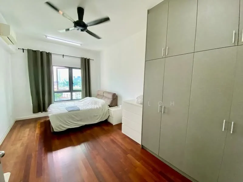 Bedroom features: queen-size bed with upholstered headboard, 2 bedside tables, built-in wardrobe with grey cabinetry, wooden flooring, floor-to-ceiling window, curtains, ceiling fan with light, air conditioning unit; style: modern; view: city.
