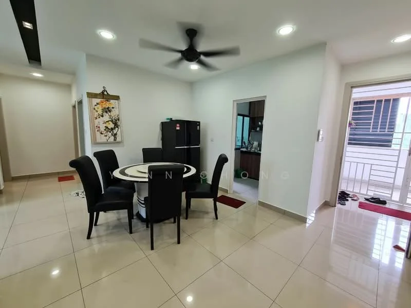 Dining features: round dining table, 4 upholstered dining chairs in black, ceiling fan with light, white walls, tile flooring, decorative wall art, doorway leading to balcony, sliding glass door, window with natural light; style: modern. Kitchen features: black refrigerator, kitchen cabinetry, countertop, open layout to dining area; style: modern. Room features: tile flooring, white walls, doorway leading to hallway.