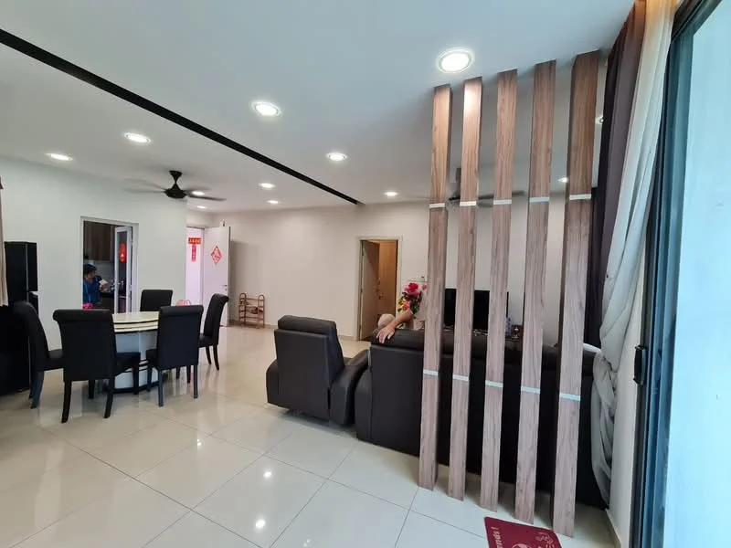Living features: white painted walls, glossy tile flooring, 5-blade ceiling fan with light, recessed downlights, dark leather sofa, wooden accent wall, large windows with sheer curtains, TV console, area rug, dining table with chairs; style: modern.