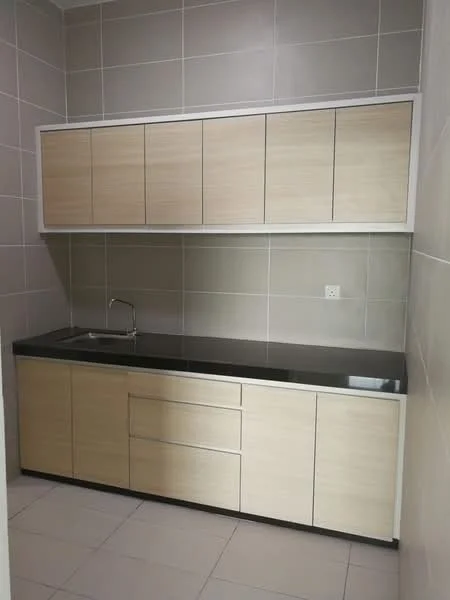 Kitchen features: light wood cabinetry, black countertop, single-bowl stainless-steel sink, chrome faucet, grey tiled walls, light grey tiled flooring, upper cabinets with flat-panel doors, lower cabinets with flat-panel doors; style: modern.