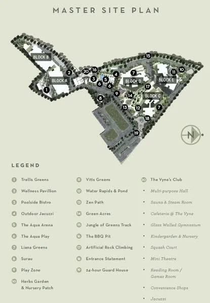 Floor plan: features: master site plan, block layout, designated areas for amenities, green spaces, play zones, entrance statement, wellness pavilions, poolside bistro, zen path, BBQ pit, squash court, multi-purpose hall, reading room, children's play area, nursery, gardens.
