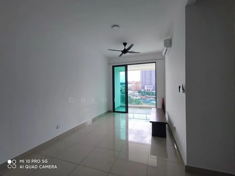Living features: white painted walls, glossy ceramic tile flooring, 5-blade ceiling fan, floor-to-ceiling windows, sliding glass door, balcony access, air conditioning unit, wall-mounted light switch, wooden bench, natural light from window, city view from window; style: modern; view: city.