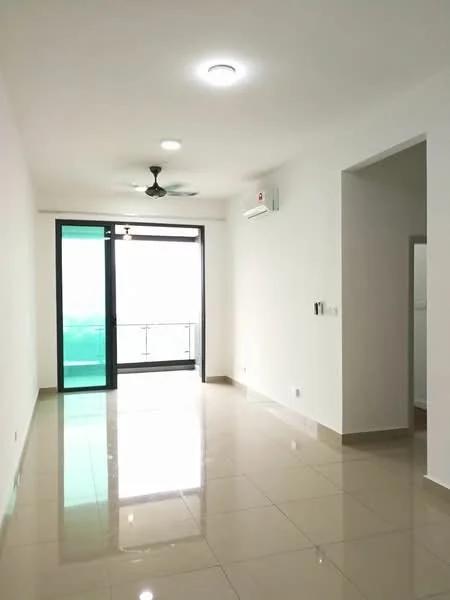 Living features: white painted walls, glossy ceramic tile flooring, 5-blade ceiling fan with light, sliding glass door, floor-to-ceiling windows, wall-mounted split AC, recessed downlights, balcony view; style: modern; view: city.