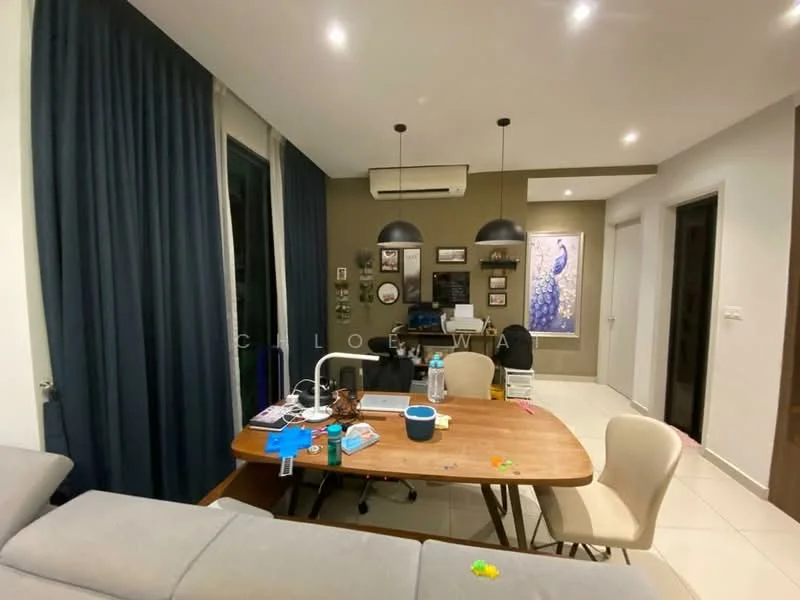 Living features: grey fabric sofa, wooden dining table, 4 beige dining chairs, wall-mounted air conditioning unit, recessed ceiling lights, dark blue curtains, light-colored tiled flooring, decorative wall art, shelves with decor items, white walls with accent wall; style: modern.