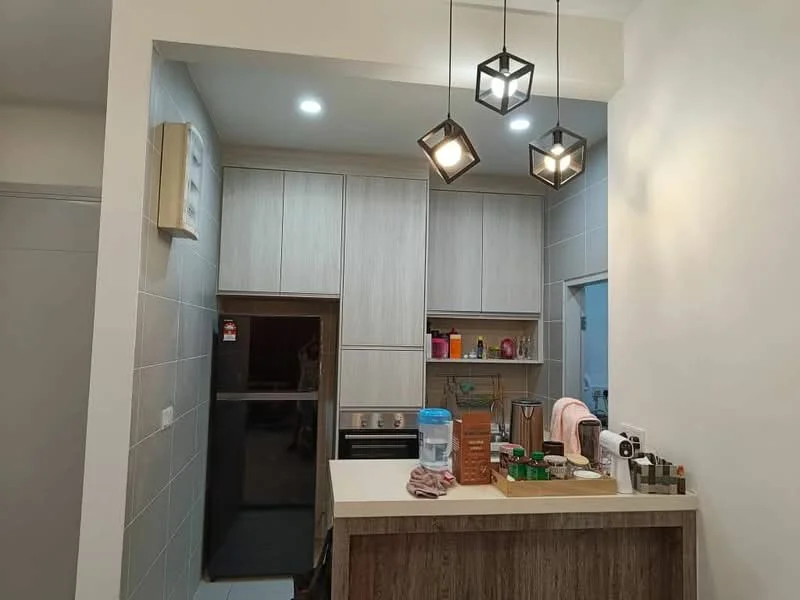 Kitchen features: light wood cabinetry, grey tiled backsplash, stainless-steel built-in oven, stainless-steel cooktop, refrigerator, kitchen island with wood finish, pendant lighting with geometric design, countertop appliances, water dispenser, open shelving, wall-mounted cabinets, white walls, recessed LED downlights; style: modern.