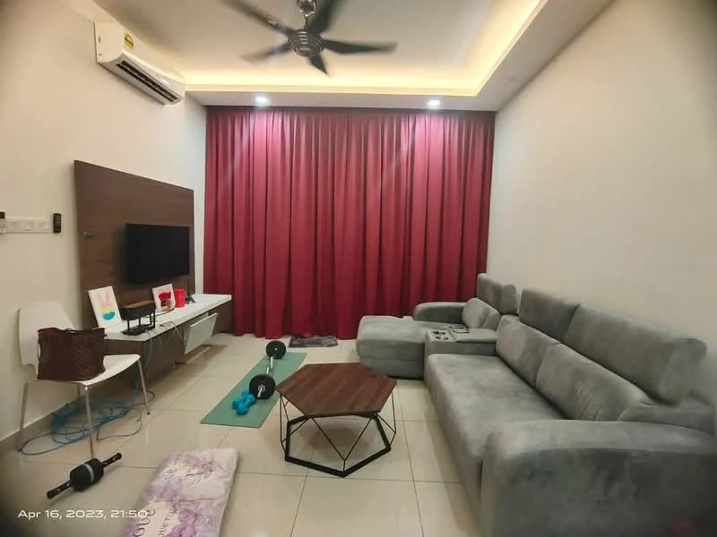 Living features: grey fabric sectional sofa, wood coffee table, wall-mounted TV, white console table, red curtains, ceiling fan with light, decorative wall panel, exercise mat, dumbbells, decorative items on console; style: modern.
