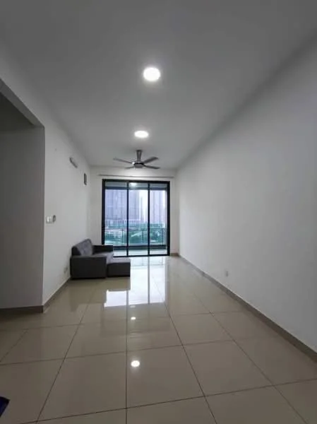Living features: grey fabric sofa, ceiling fan, recessed LED downlights, large sliding glass door, floor-to-ceiling windows, white painted walls, glossy ceramic tile flooring, balcony view; style: modern; view: city.