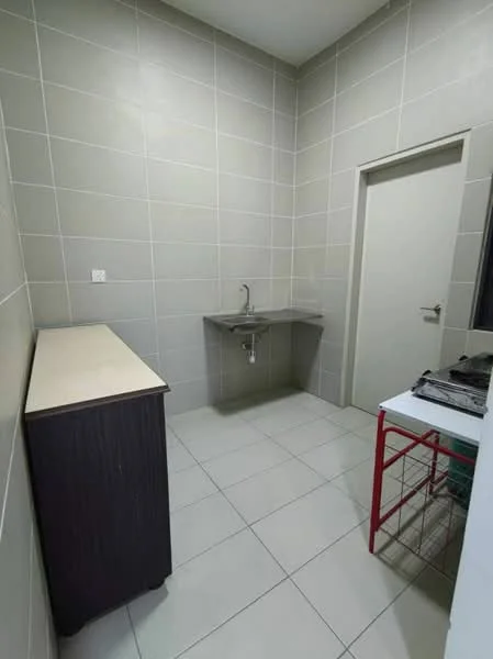 Laundry features: grey tiled walls, white tiled flooring, single-bowl stainless-steel sink, wall-mounted faucet, countertop with storage underneath, white door, metal shelving unit, wooden cabinet, open space layout; style: modern.