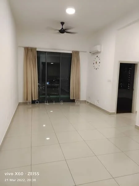 Living features: white painted walls, glossy ceramic tile flooring, 5-blade ceiling fan, recessed downlights, floor-to-ceiling windows, sheer curtains, wall clock, air conditioning unit; style: modern; view: city.