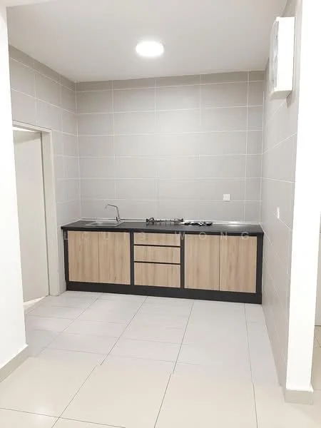 Kitchen features: black countertop, wood cabinetry with horizontal grain, single-bowl stainless-steel sink, chrome pull-down faucet, built-in kitchen cabinet, grey tiled walls, light grey floor tiles, recessed ceiling light; style: modern.