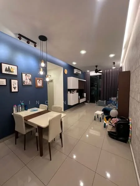 Living features: blue accent wall, white painted walls, glossy tile flooring, 5-blade ceiling fan with light, recessed LED downlights, dining table with 4 chairs, wall-mounted TV, white cabinetry, sofa, decorative wall art, curtains, children's toys, open layout; style: modern.