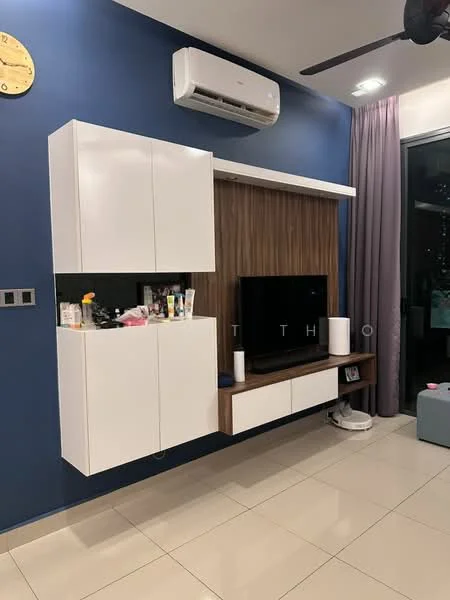 Living features: blue accent wall, white wall-mounted cabinets, wooden feature wall, black flat-screen TV, white TV console, air conditioning unit, recessed lighting, floor-to-ceiling windows with sheer curtains, glossy tile flooring, decorative clock; style: modern.