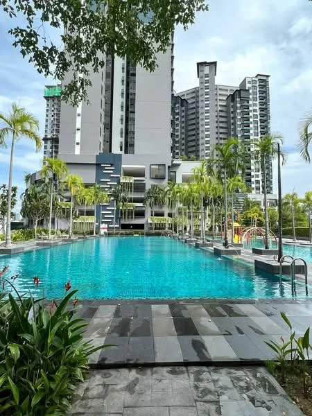 Exterior type: high-rise condominium; features: infinity pool, pool deck with loungers, landscaped garden with palm trees, children's playground, manicured lawn, modern architectural design, surrounded by greenery, water feature, multiple storeys, glass curtain wall facade; style: modern.