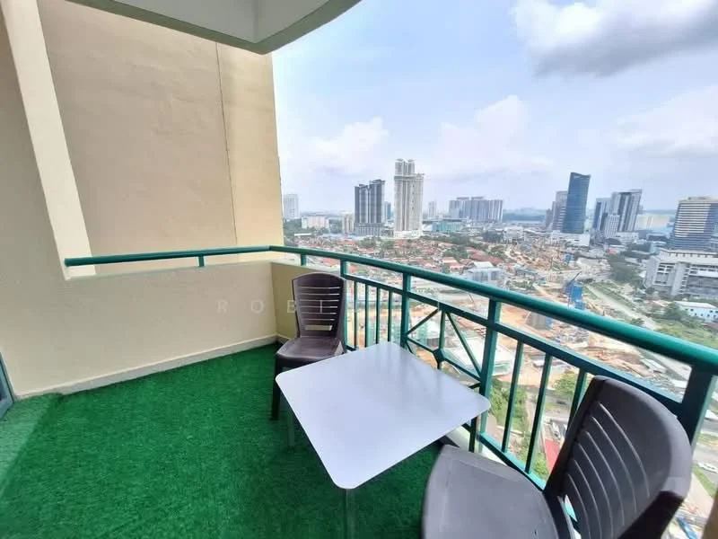 Room features: green artificial grass flooring, metal railing, white table, two plastic chairs, city skyline view; style: modern; view: city.