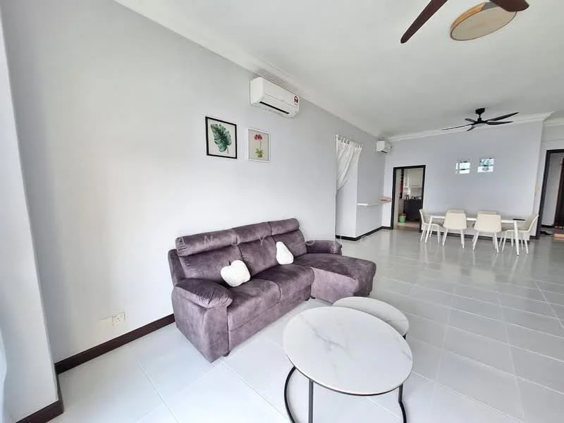 Living features: 3-seater fabric sofa in grey, 2 round coffee tables with marble tops, white painted walls, tile flooring, ceiling fan, wall-mounted split AC, decorative wall art, curtains, natural light from windows; style: modern. Dining features: 6-seater dining table, white dining chairs, open layout to living area; style: modern.