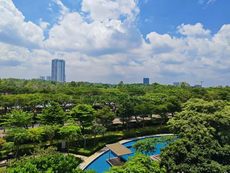 Exterior features: lush greenery, manicured lawns, swimming pool, pool deck with loungers, surrounding trees, city skyline in background, blue sky with clouds; style: modern.