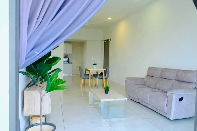 Living features: grey fabric 3-seater sofa, glass coffee table, white walls, tile flooring, ceiling fan, potted plant, curtains, open layout to kitchen, natural light from window; style: modern. Kitchen features: white cabinetry, stainless-steel appliances, open layout, tile flooring; style: modern.