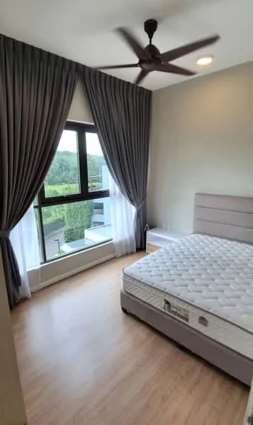 Bedroom features: queen-size bed, upholstered headboard, floor-to-ceiling windows, sheer curtains, dark grey curtains, wooden flooring, ceiling fan, recessed downlights, decorative wall, view of greenery; style: modern; view: garden.
