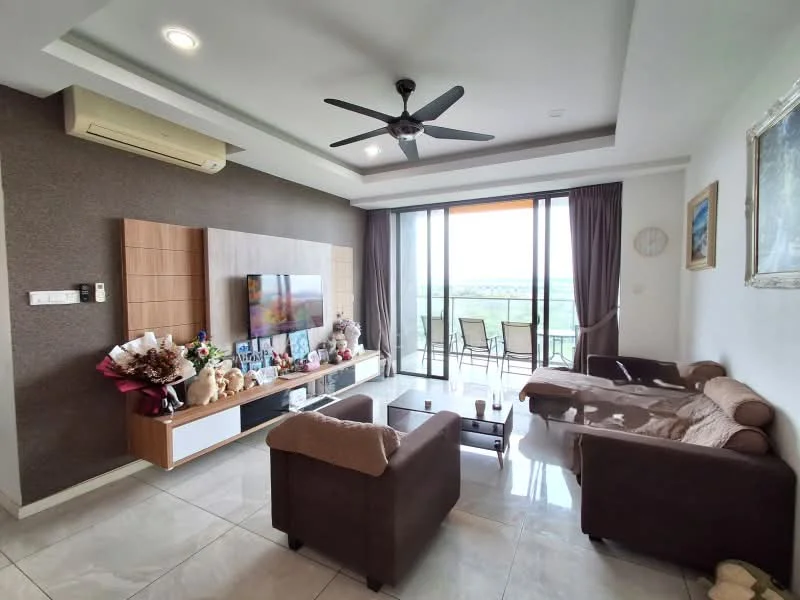 Living features: 5-blade ceiling fan with light, wall-mounted TV, light brown leather sofa, dark brown fabric sofa, coffee table, marble tile flooring, white painted walls, floor-to-ceiling windows, curtains, decorative wall art, open balcony view; style: modern; view: city.