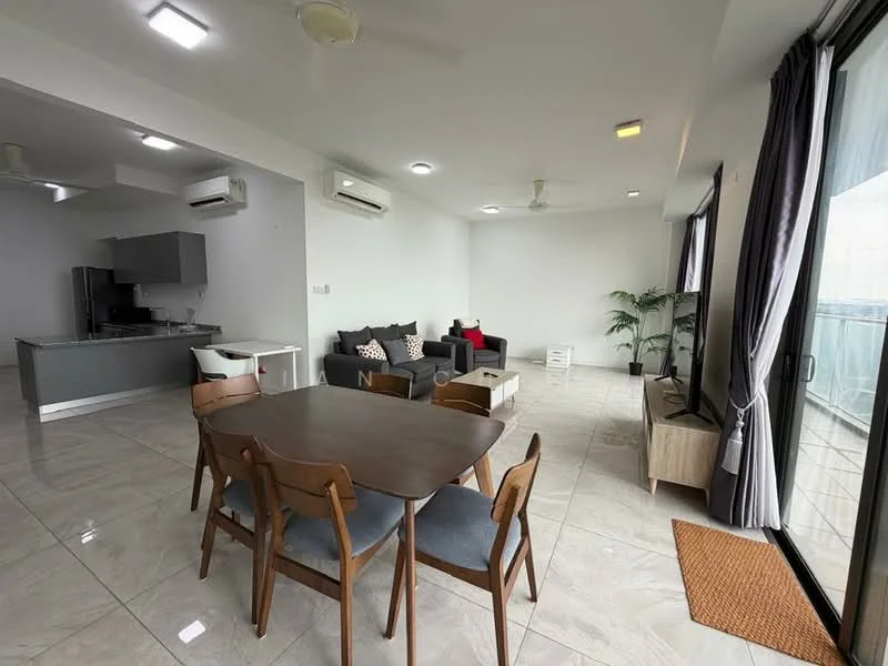 Living features: grey fabric sofa, red accent chair, wooden coffee table, TV console, wall-mounted TV, area rug, floor-to-ceiling windows, curtains, recessed downlights, ceiling fan, marble tile flooring, indoor plant; style: modern; view: city. Kitchen features: open kitchen layout, grey cabinetry, stainless-steel appliances, kitchen island, refrigerator, built-in oven, 4-burner gas hob, exhaust hood, marble countertop; style: modern.