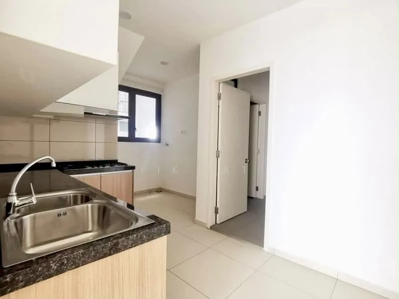 Kitchen features: single-bowl stainless-steel sink, chrome pull-down faucet, granite countertop, wood cabinetry, built-in gas hob, ceramic tile backsplash, white painted walls, tile flooring, window for natural light, door leading to hallway; style: modern. Room features: white painted walls, door leading to another room.