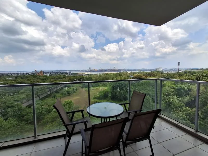 Balcony features: glass railing, outdoor dining table, 2 outdoor chairs, tile flooring, view of greenery, view of city skyline, overcast sky; style: modern; view: city.
