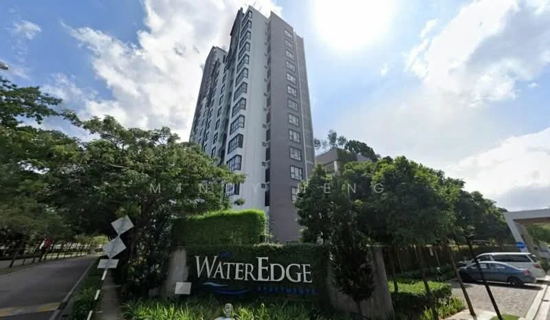 Exterior type: high-rise condominium; features: glass curtain wall, greenery landscaping, signage with 'WATEREDGE', manicured lawn, surrounded by trees, multiple storeys, modern architectural design; style: modern.
