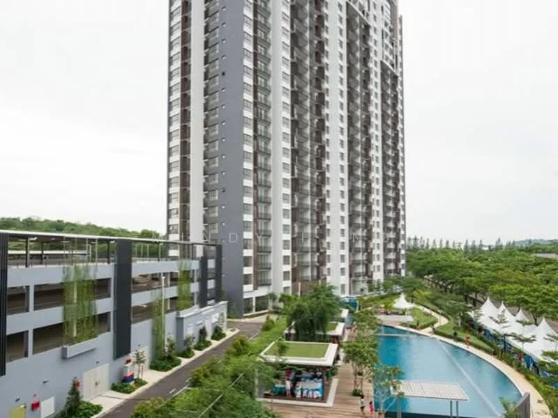 Exterior type: high-rise condominium; features: glass curtain wall, white painted facade, green landscaping with trees, swimming pool with deck, outdoor seating area, multi-storey car park, manicured lawn, covered walkway, children's playground, jogging track; style: modern.