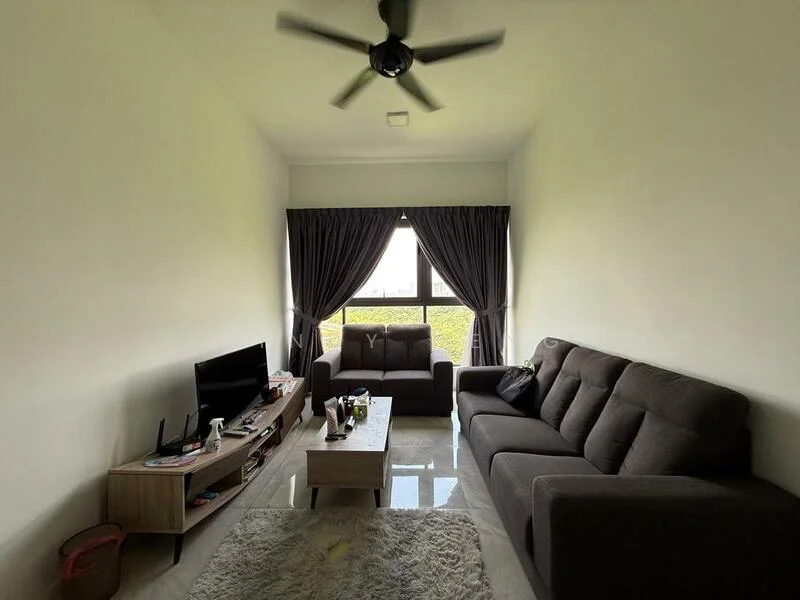 Living features: 3-seater fabric sofa in grey, 2-seater fabric sofa in grey, coffee table, wall-mounted TV, TV console, area rug with geometric pattern, ceiling fan, floor-to-ceiling windows, curtains in dark grey, marble tile flooring, decorative items on coffee table; style: modern; view: garden.