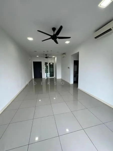 Living features: white painted walls, glossy ceramic tile flooring, 5-blade ceiling fan with light, recessed LED downlights, sliding glass door, air conditioning unit, open layout, neutral color scheme; style: modern.