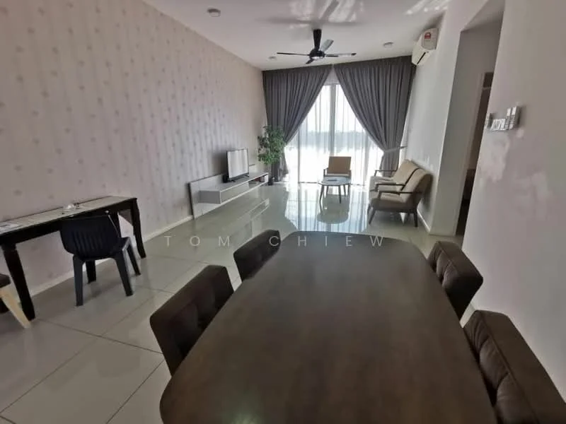 Living features: white painted walls, grey accent wall, glossy tile flooring, 5-blade ceiling fan with light, floor-to-ceiling windows, sheer curtains, TV console, wall-mounted TV, sofa in beige, coffee table, indoor plant, dining table with 6 chairs; style: modern; view: city.