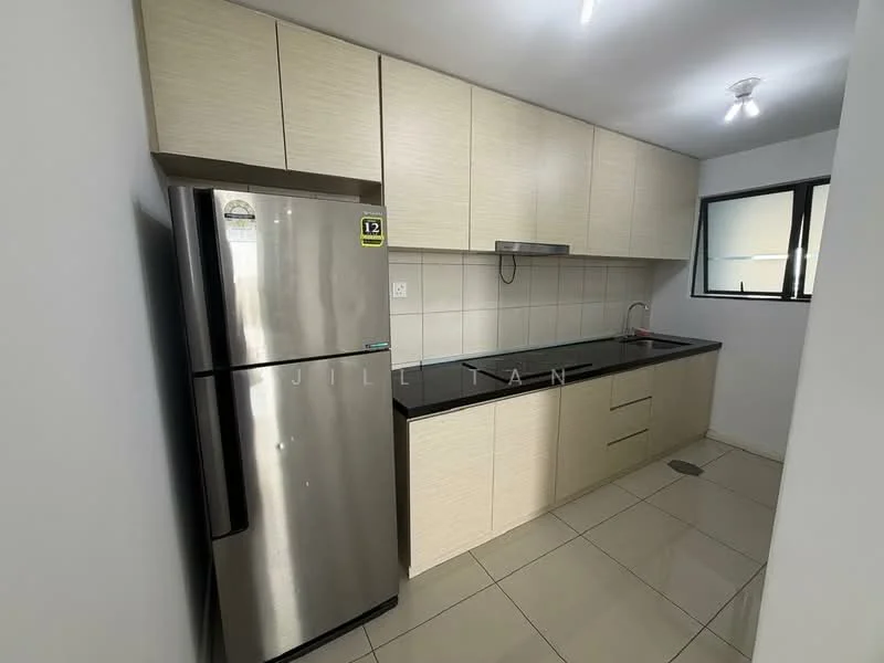 Kitchen features: stainless-steel fridge, black countertop, light wood cabinetry, white tiled backsplash, single-bowl stainless-steel sink, chrome pull-down faucet, ceramic tile flooring, recessed downlights, window with black frame; style: modern.