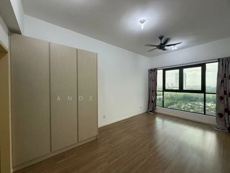 Room features: laminate flooring, white painted walls, ceiling fan, large windows, curtains, built-in wardrobe, city view; style: modern; view: city.