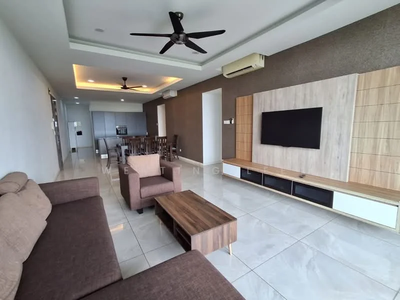 Living features: 3-seater fabric sofa in brown, 2-seater fabric sofa in brown, wooden coffee table, wall-mounted TV, TV console with storage, ceiling fan, recessed downlights, white walls, grey accent wall, marble tile flooring, dining area visible in background, air conditioning unit; style: modern.