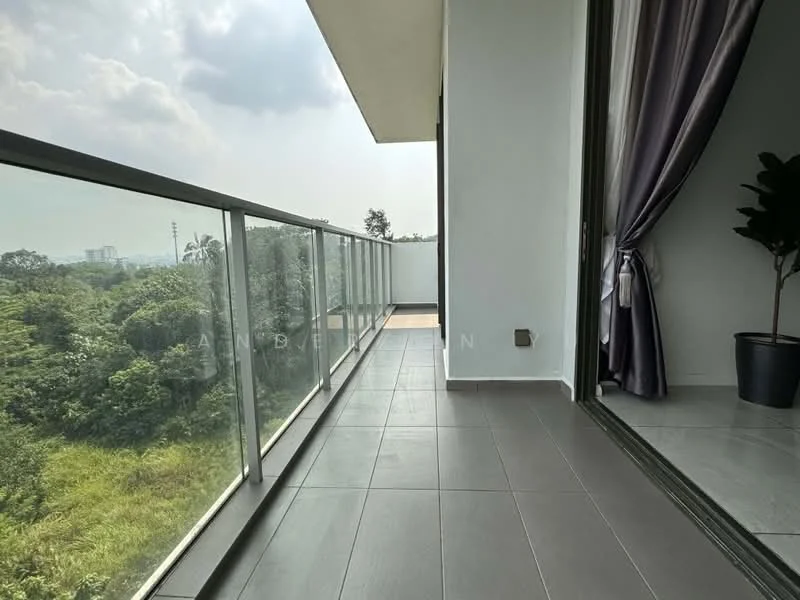 Room features: glass balcony railing, grey tiled flooring, potted plant, curtains, view of greenery, outdoor space; style: modern; view: garden.