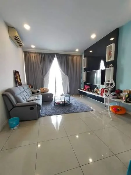 Living features: grey fabric 3-seater sofa, glass coffee table, area rug with geometric pattern, wall-mounted TV, TV console with storage, floor-to-ceiling windows, sheer curtains, recessed LED downlights, air conditioning unit, decorative wall art, decorative items on console; style: modern.