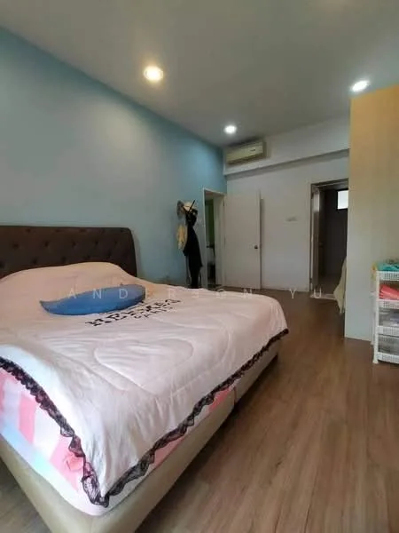 Bedroom features: king-size bed with upholstered headboard, light pink bedspread, wooden flooring, blue accent wall, recessed downlights, air conditioning unit, wardrobe, doorway leading to another room; style: modern.